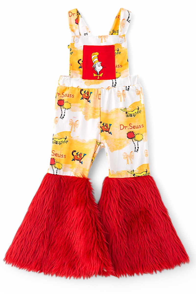 Yellow Dr Seus* printed romper with faux fur bells.