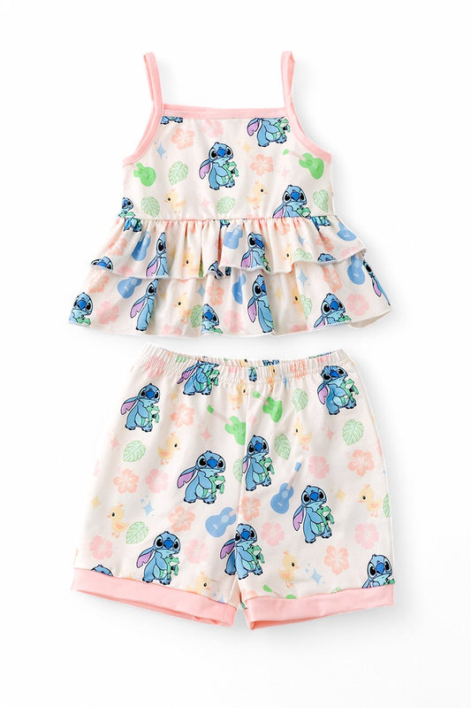 Cartoon character printed girls ruffle top & shorts.