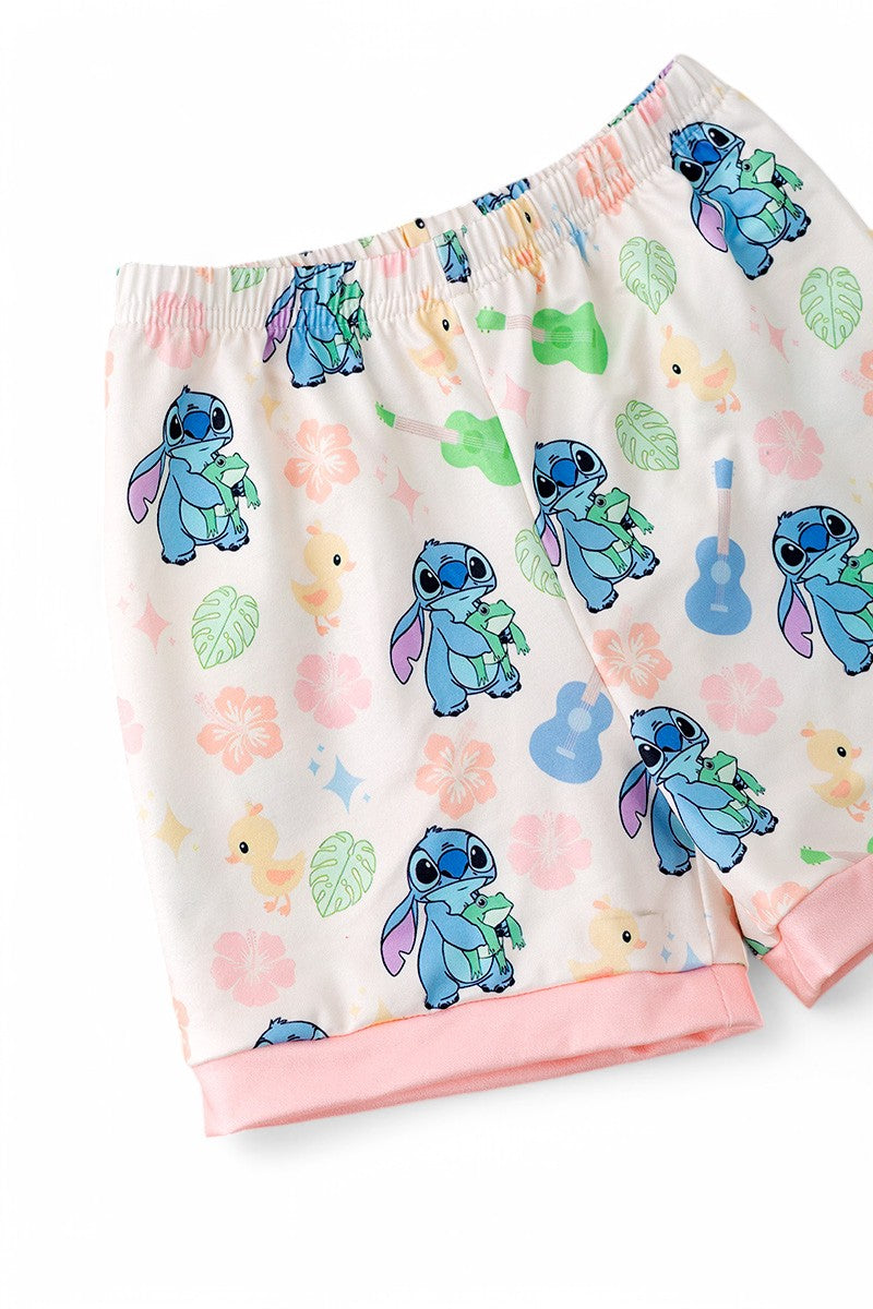 Cartoon character printed girls ruffle top & shorts.