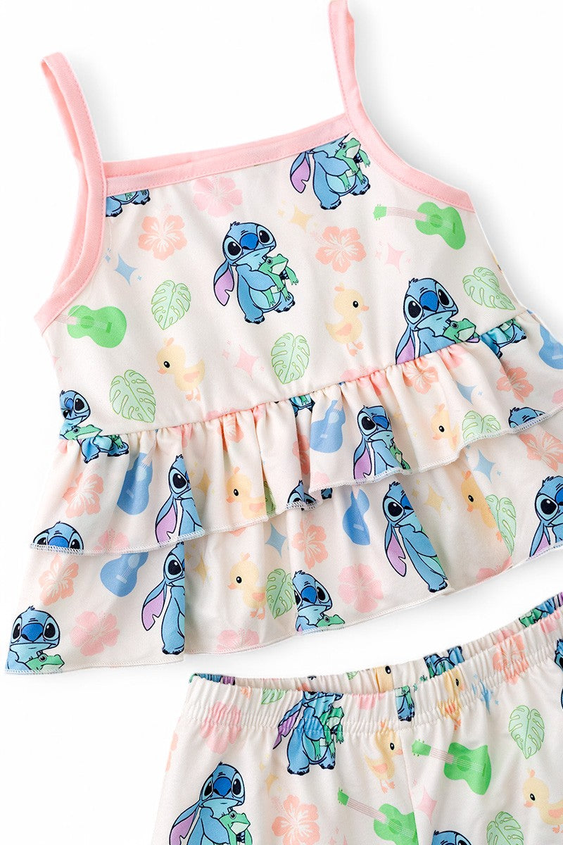 Cartoon character printed girls ruffle top & shorts.