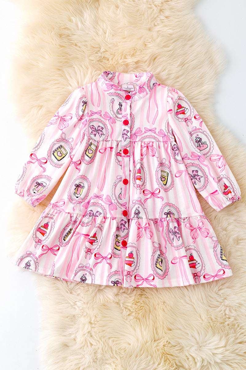 Back to school white w/stripe printed tiered dress. DRG50869