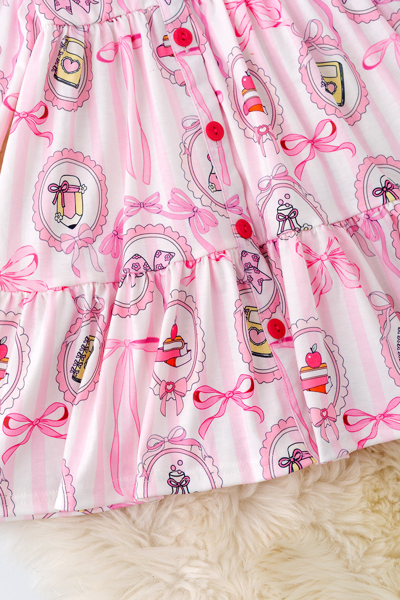 Back to school white w/stripe printed tiered dress. DRG50869