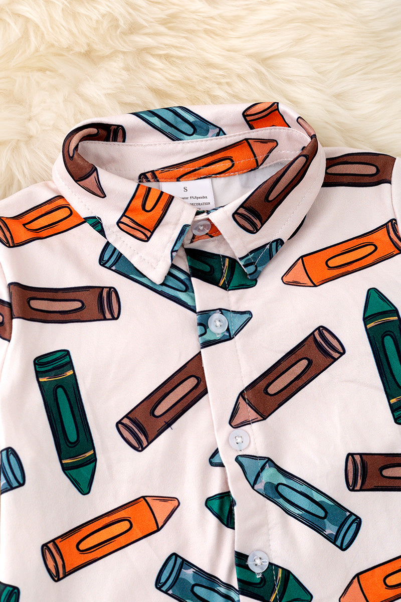 Crayon boys printed button up back to school shirt w/collar. TPB50283