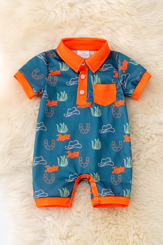 Rodeo blue and orange trim cactus printed baby romper. RPB50271