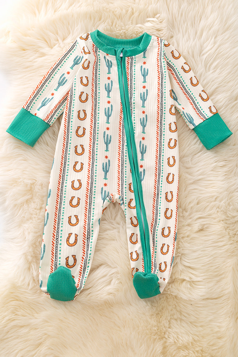 Horseshoe & Cactus printed teal trim baby onesie.