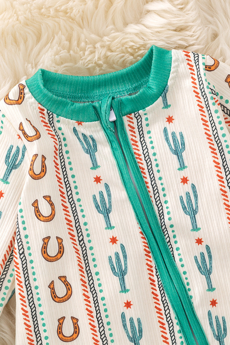 Horseshoe & Cactus printed teal trim baby onesie.