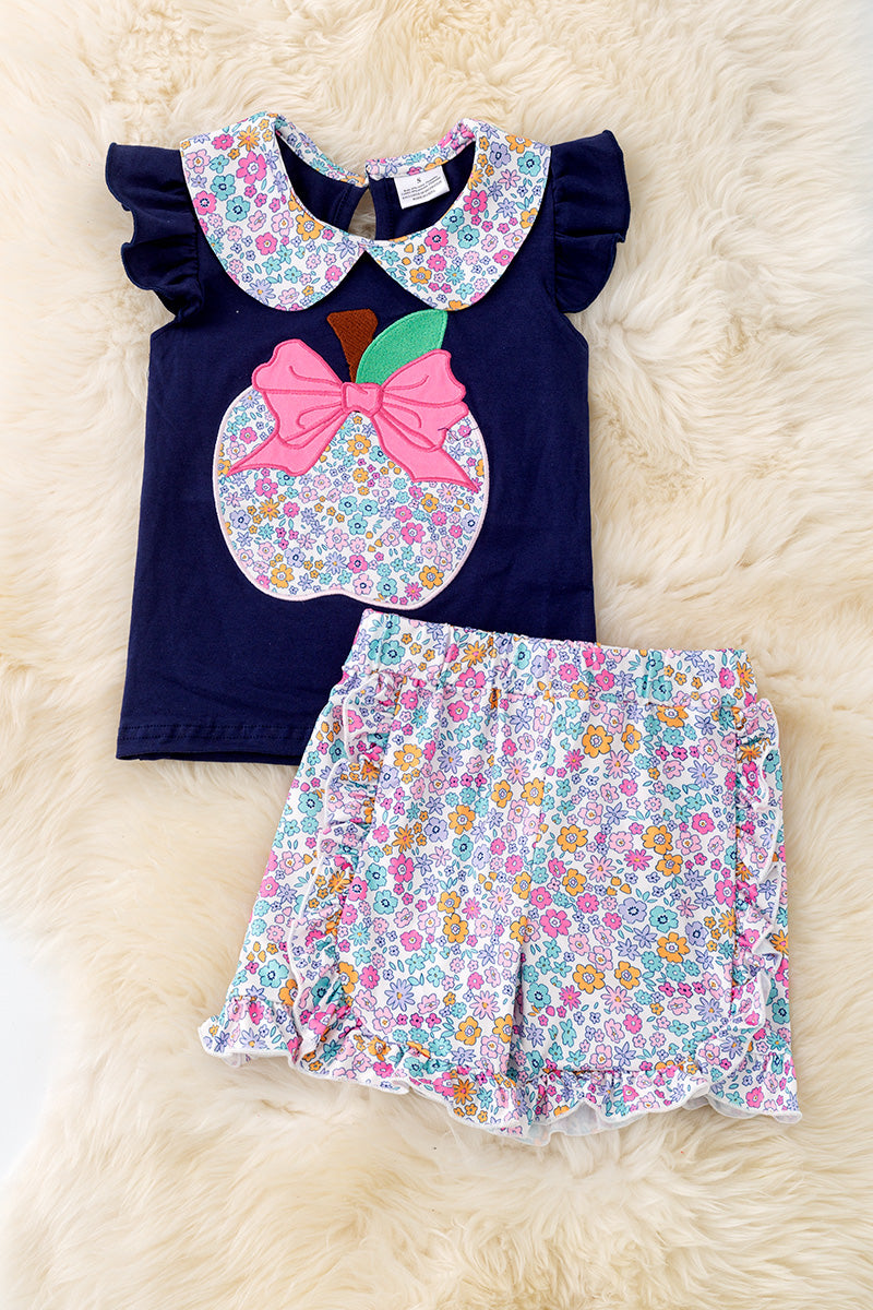 Floral apple applique top & floral ruffle shorts. OFG50718