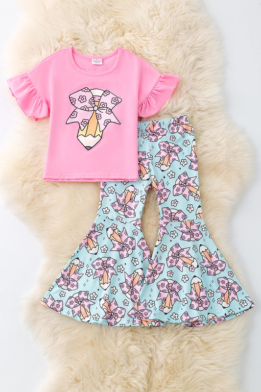 Pencil printed on pink ruffle sleeve top & aqua pencil printed bottoms. OFG50727