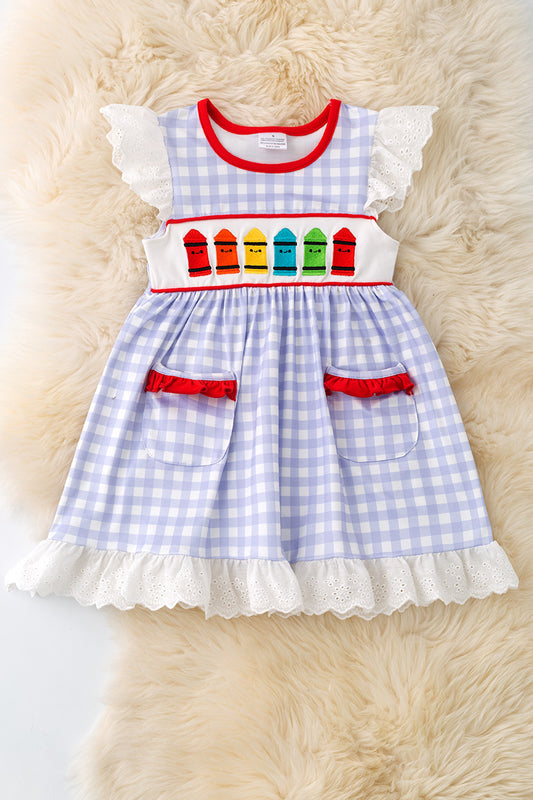 Crayon embroidered dress with gingham print & front pockets. DRG51187