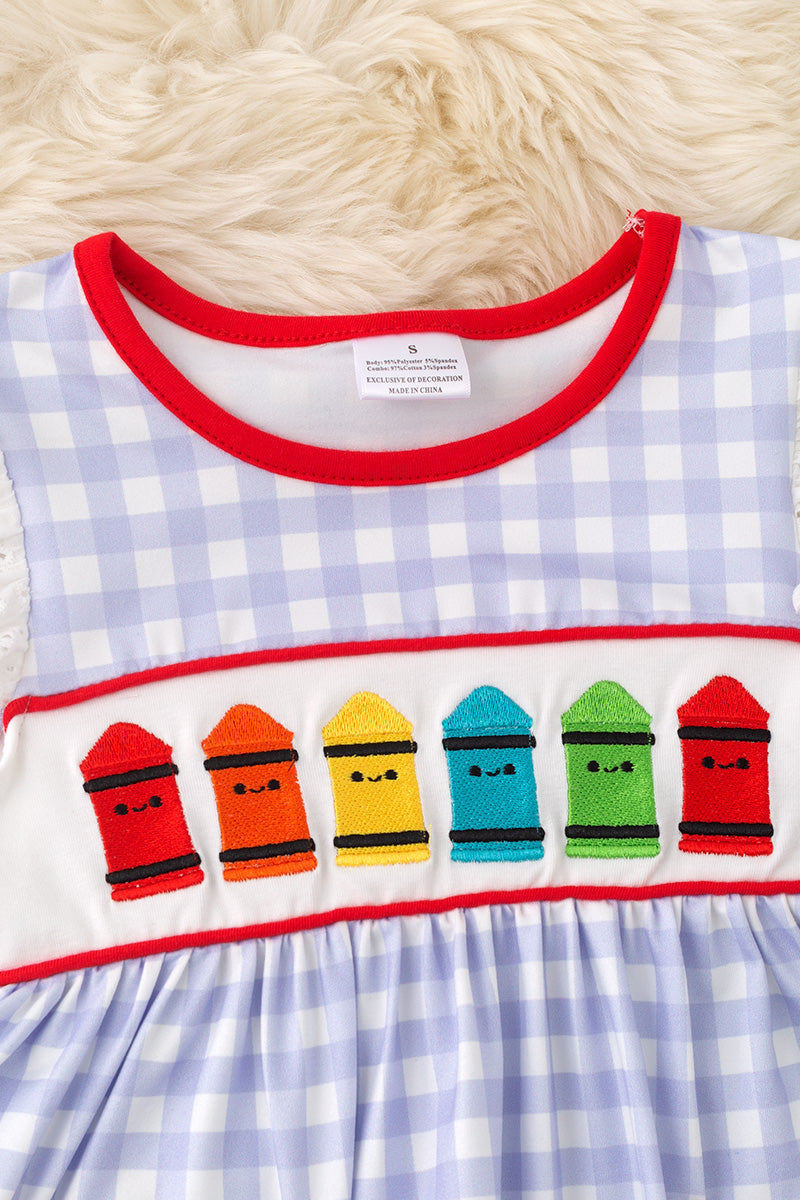Crayon embroidered dress with gingham print & front pockets. DRG51187