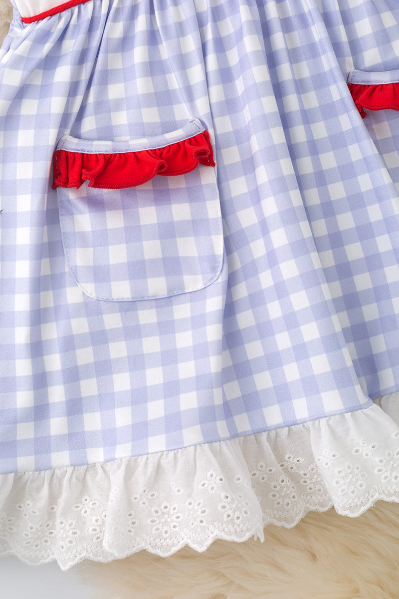 Crayon embroidered dress with gingham print & front pockets. DRG51187