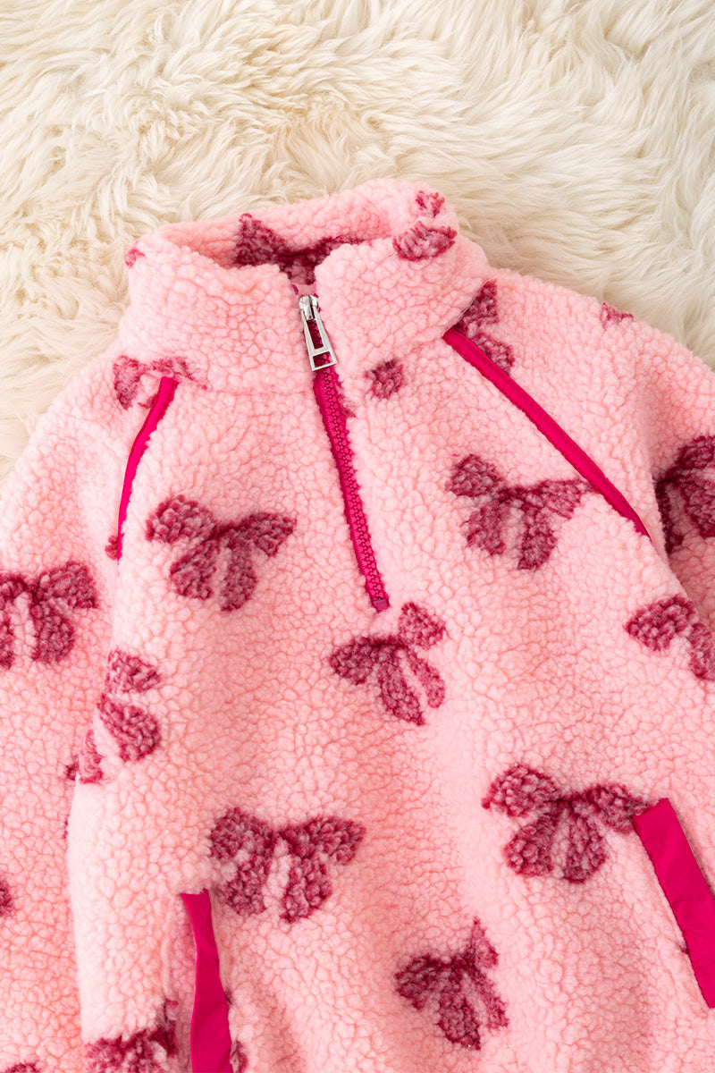 Women coquette sherpa bow printed pullover sweater.