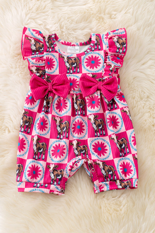 "I come from good stock" Cow printed baby romper w/side bows. RPG50644
