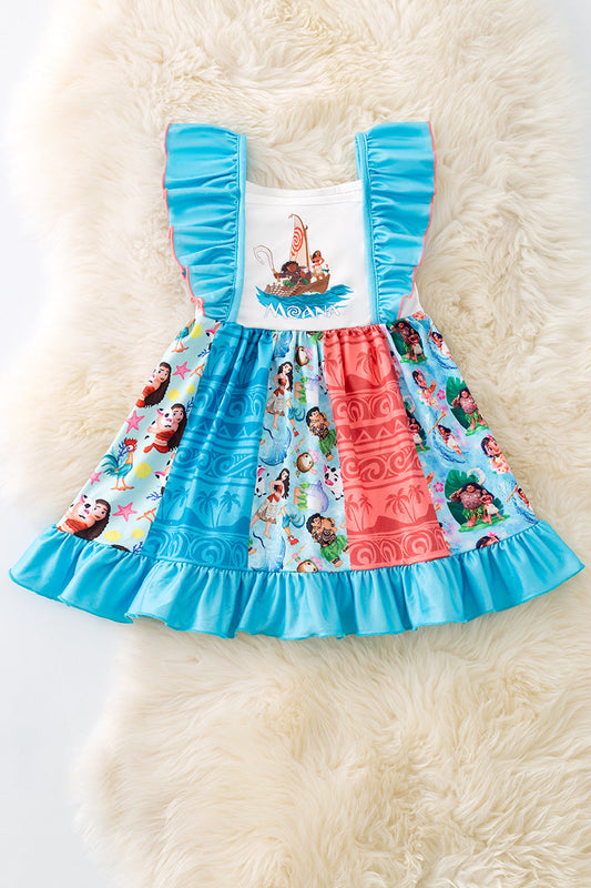 Turquoise printed themed dress w/ruffle hem.