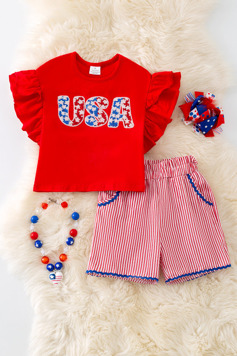 USA sequins applique red top & stripe shorts.