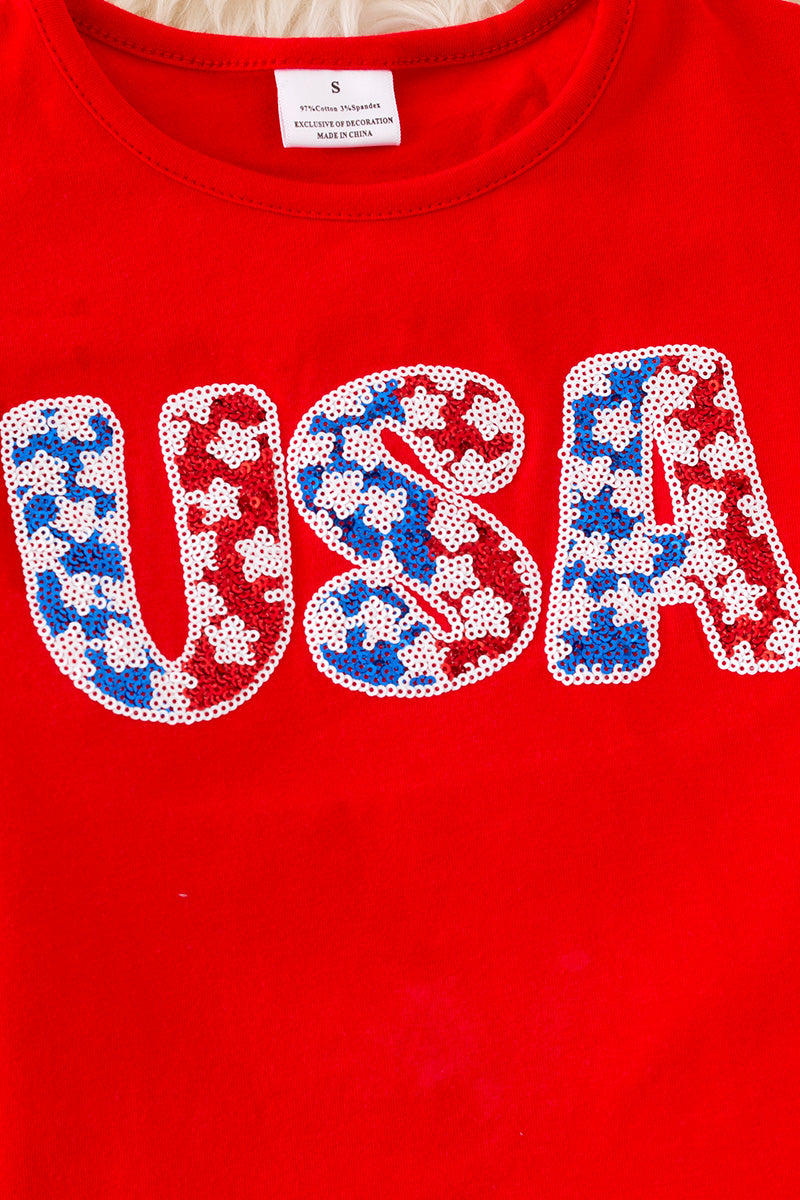 USA sequins applique red top & stripe shorts.