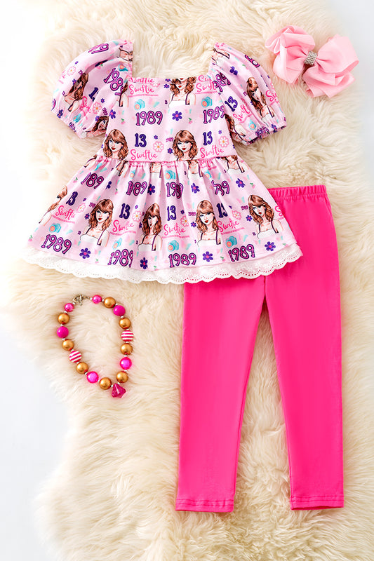 Girls  embroidered tunic and fuchsia leggings. OFG50623