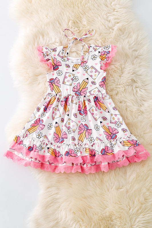 Cute Floral pencil printed back to school dress w/ pink lace trim. DRG51171