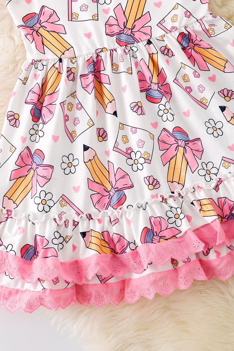 Cute Floral pencil printed back to school dress w/ pink lace trim. DRG51171