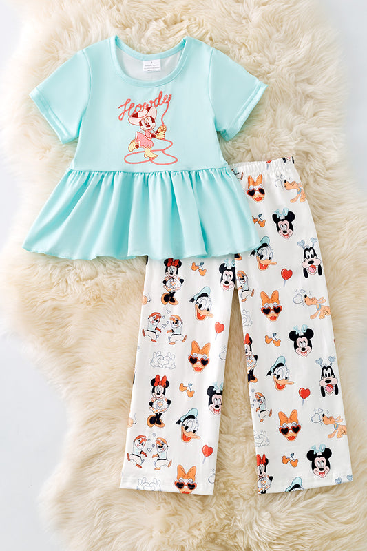 Aqua character printed girls tunic with wide pants. OFG50909