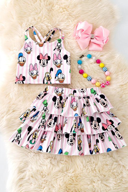 Pink & white stripe character printed skort set. OFG50906