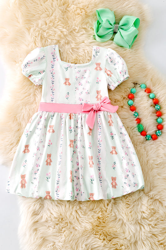 Teddy bear printed on bubble sleeve dress with pink side bow. DRG51354