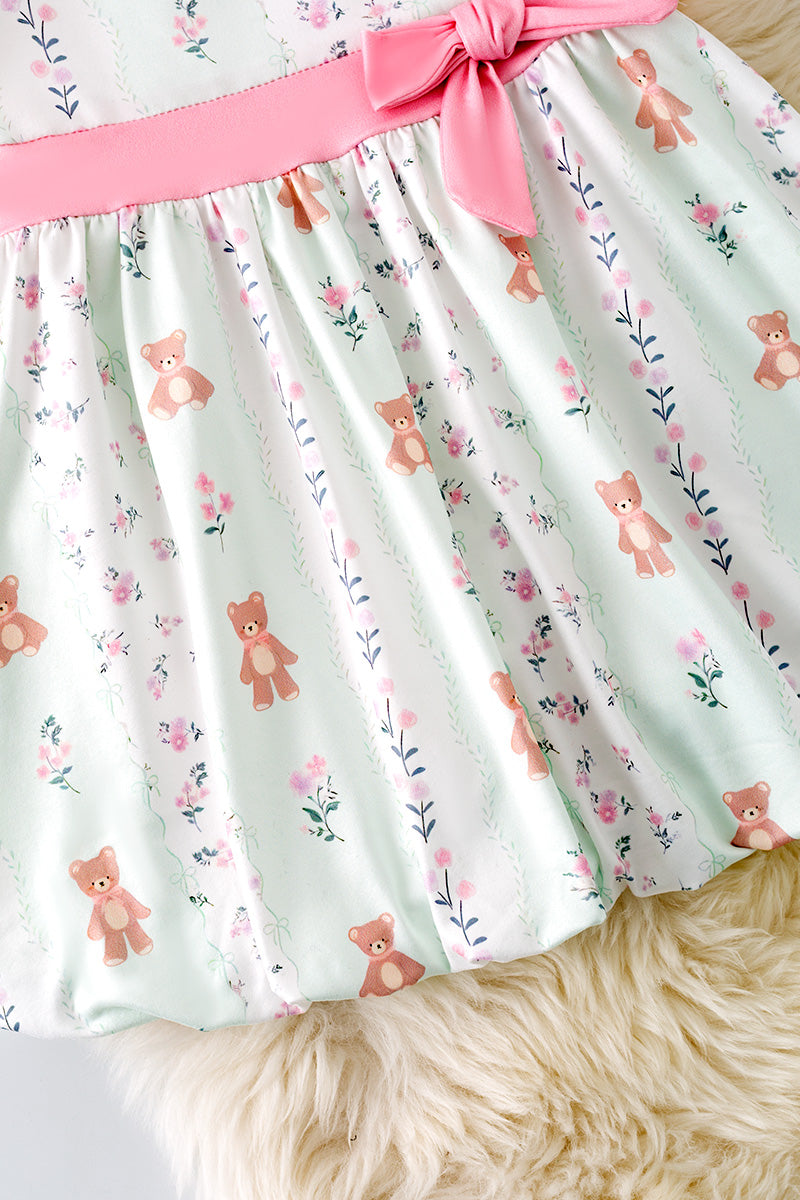Teddy bear printed on bubble sleeve dress with pink side bow. DRG51354