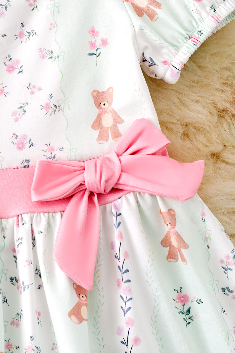 Teddy bear printed on bubble sleeve dress with pink side bow. DRG51354