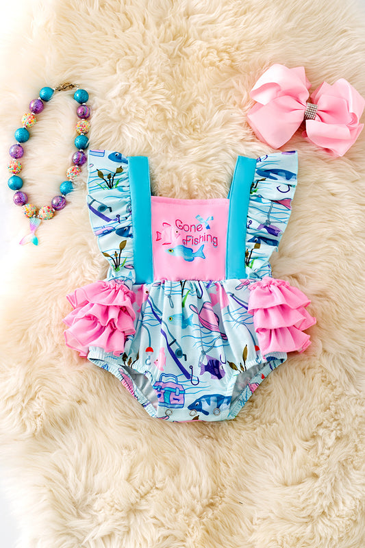 Ruffle butt, gone fishing baby onesie with snaps. RPG50601