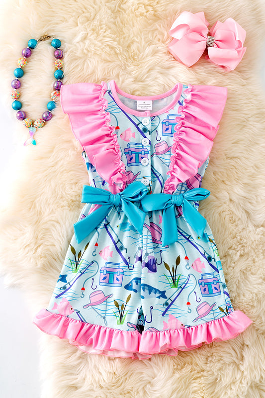 Gone fishing-light blue fish printed romper with ruffle hem. PNG50148