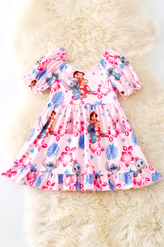 Lt.pink character printed girls dress w/bubble sleeve. DRG51603