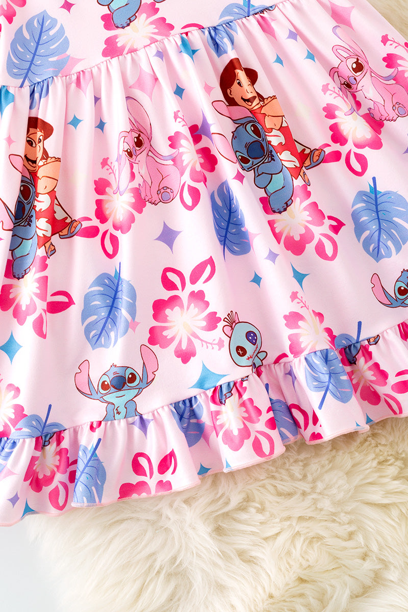 Lt.pink character printed girls dress w/bubble sleeve. DRG51603