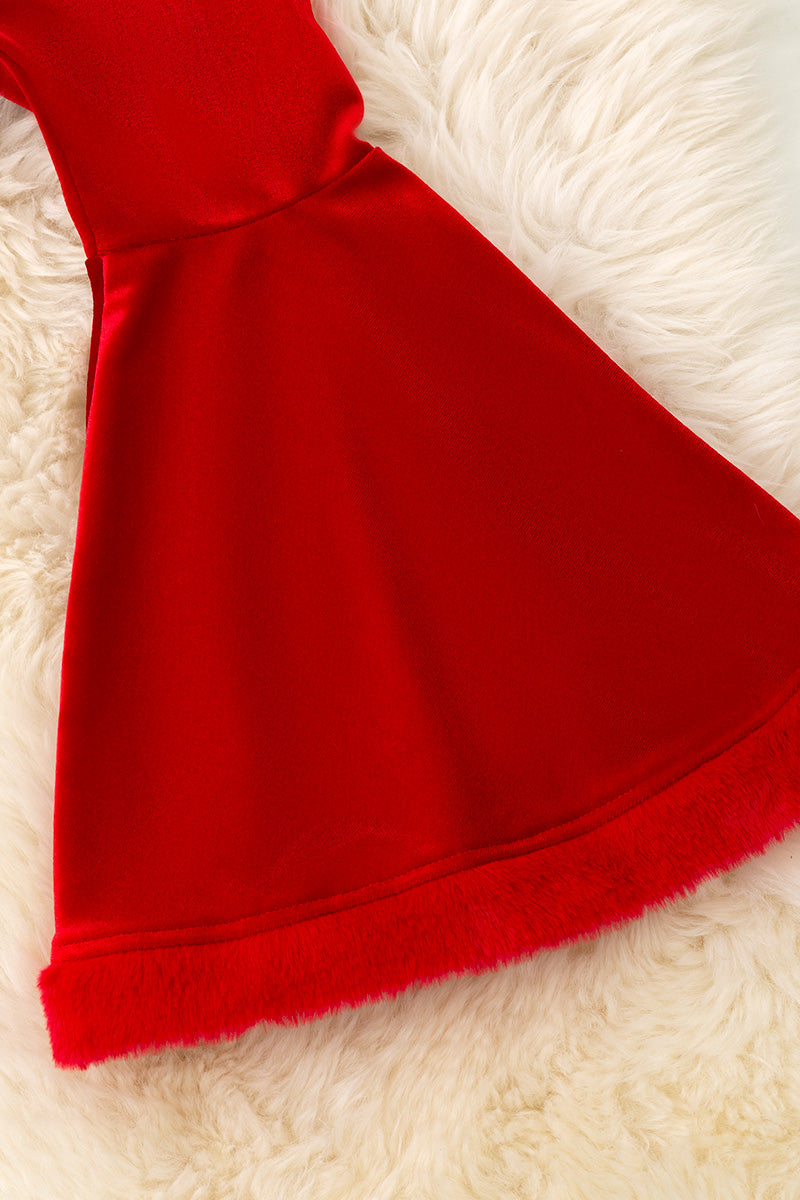 Red soft velvety bell bottoms with faux fur hem.