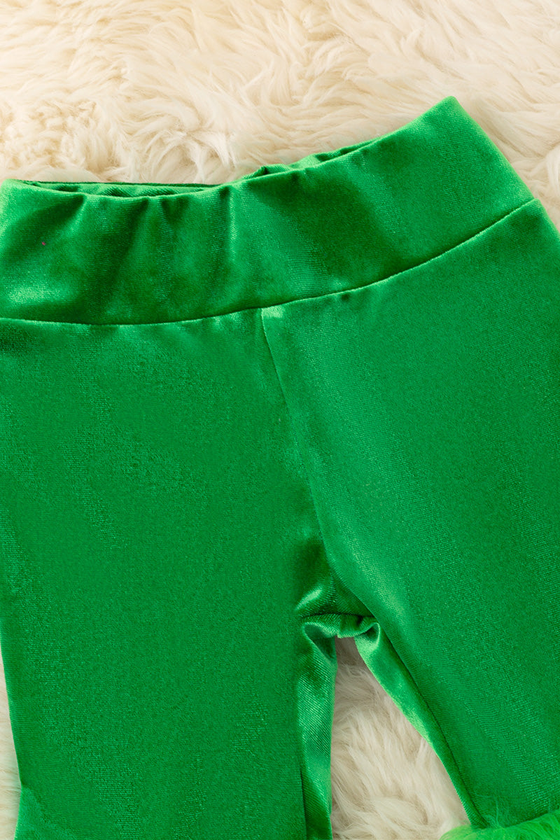 Green Velvety and fur bell bottoms.