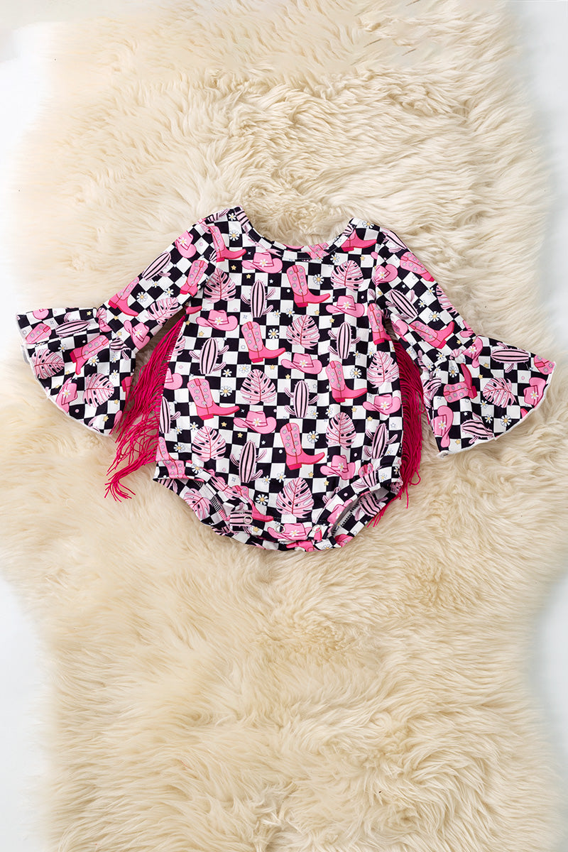 Checkered -western printed baby bodysuit w/bell sleeves. RPG61267 AMY