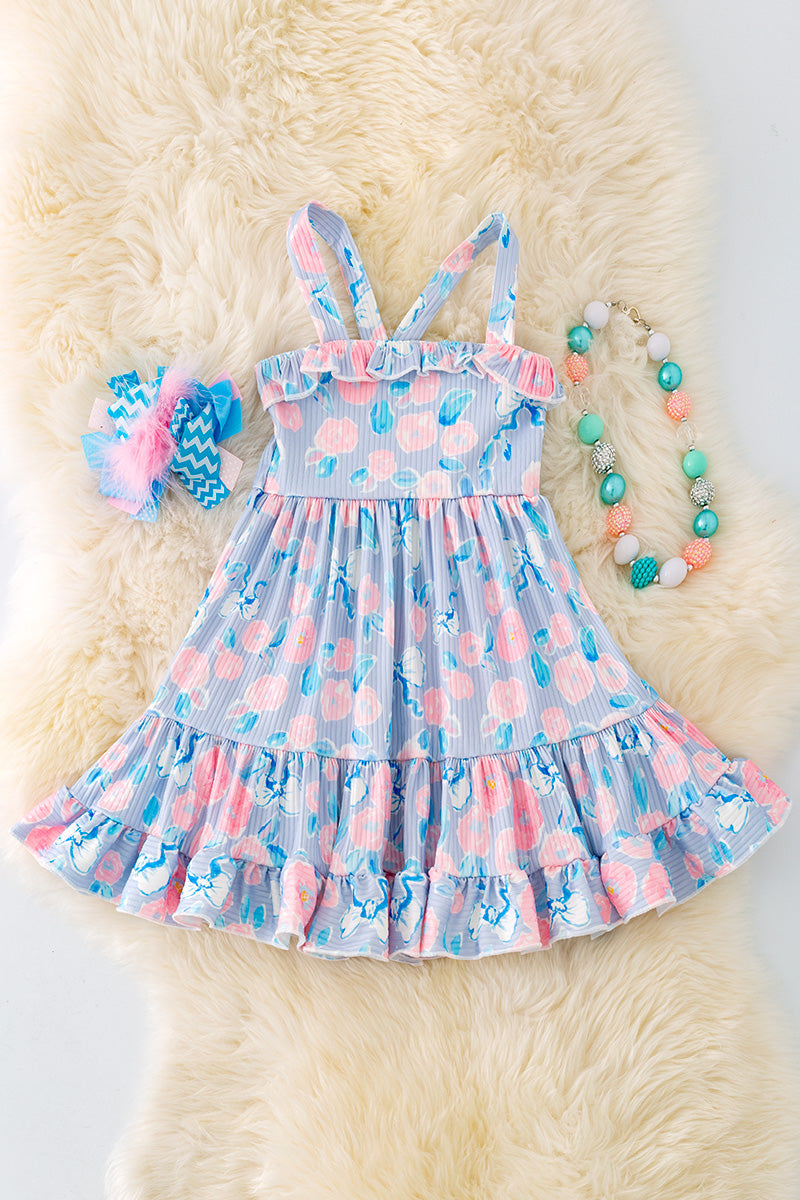 Blue Floral Ruffle Dress