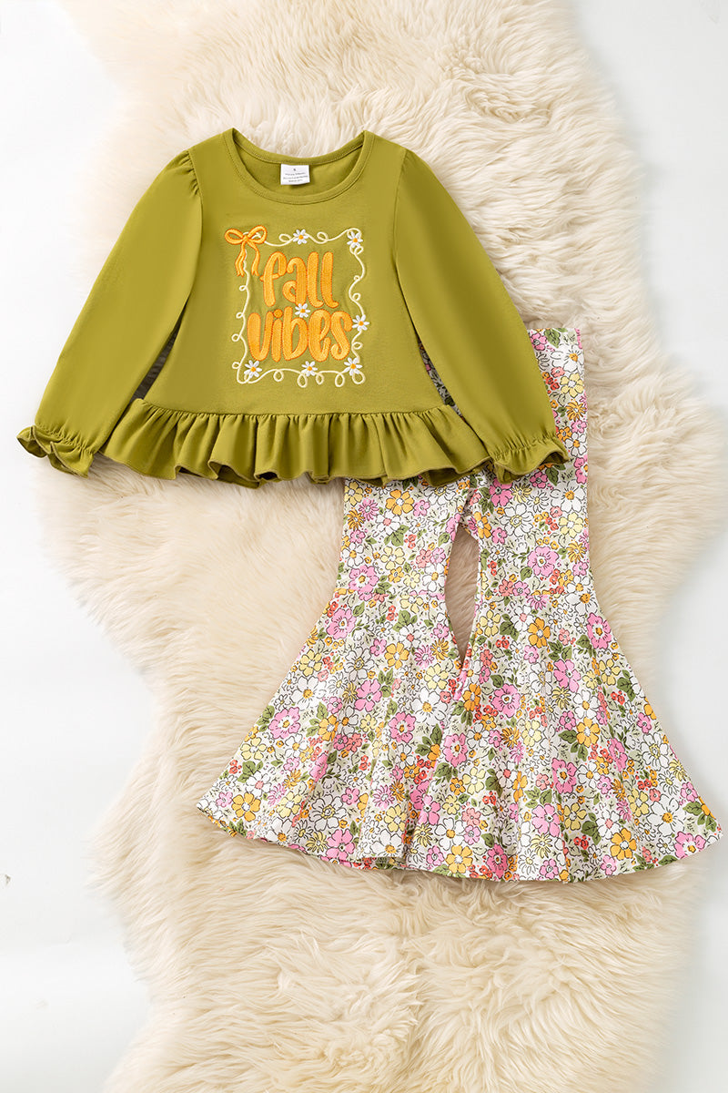 "Fall Vibes" Green embroidered top w/ruffle hem and floral bell bottoms. OFG61402 AMY