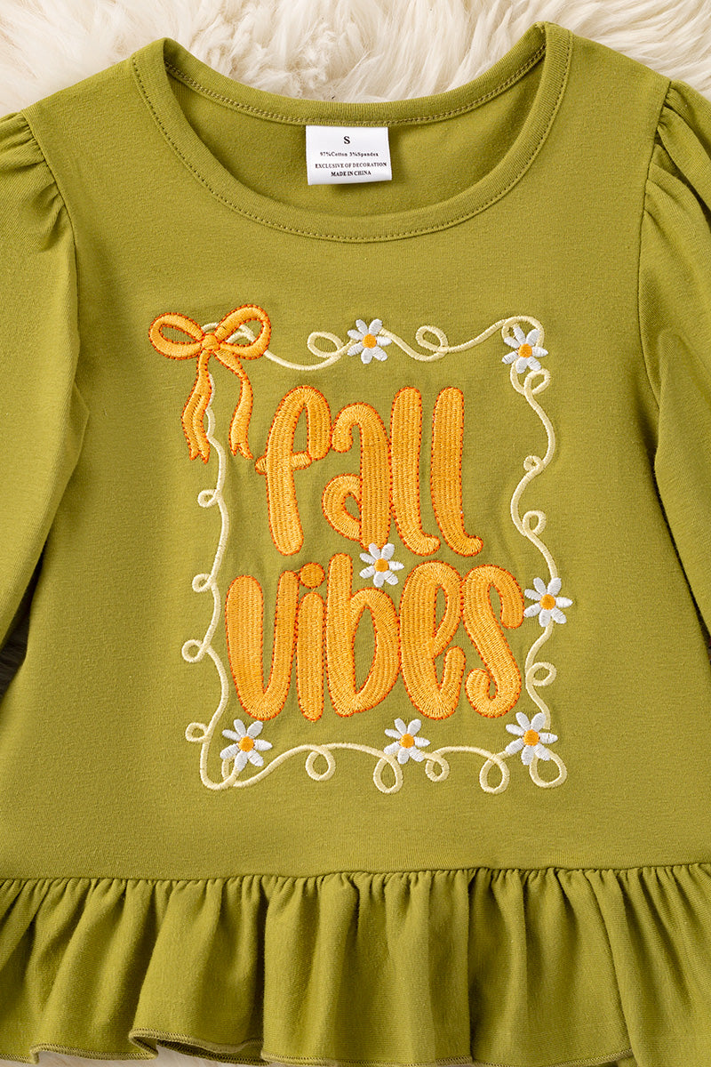 "Fall Vibes" Green embroidered top w/ruffle hem and floral bell bottoms. OFG61402 AMY