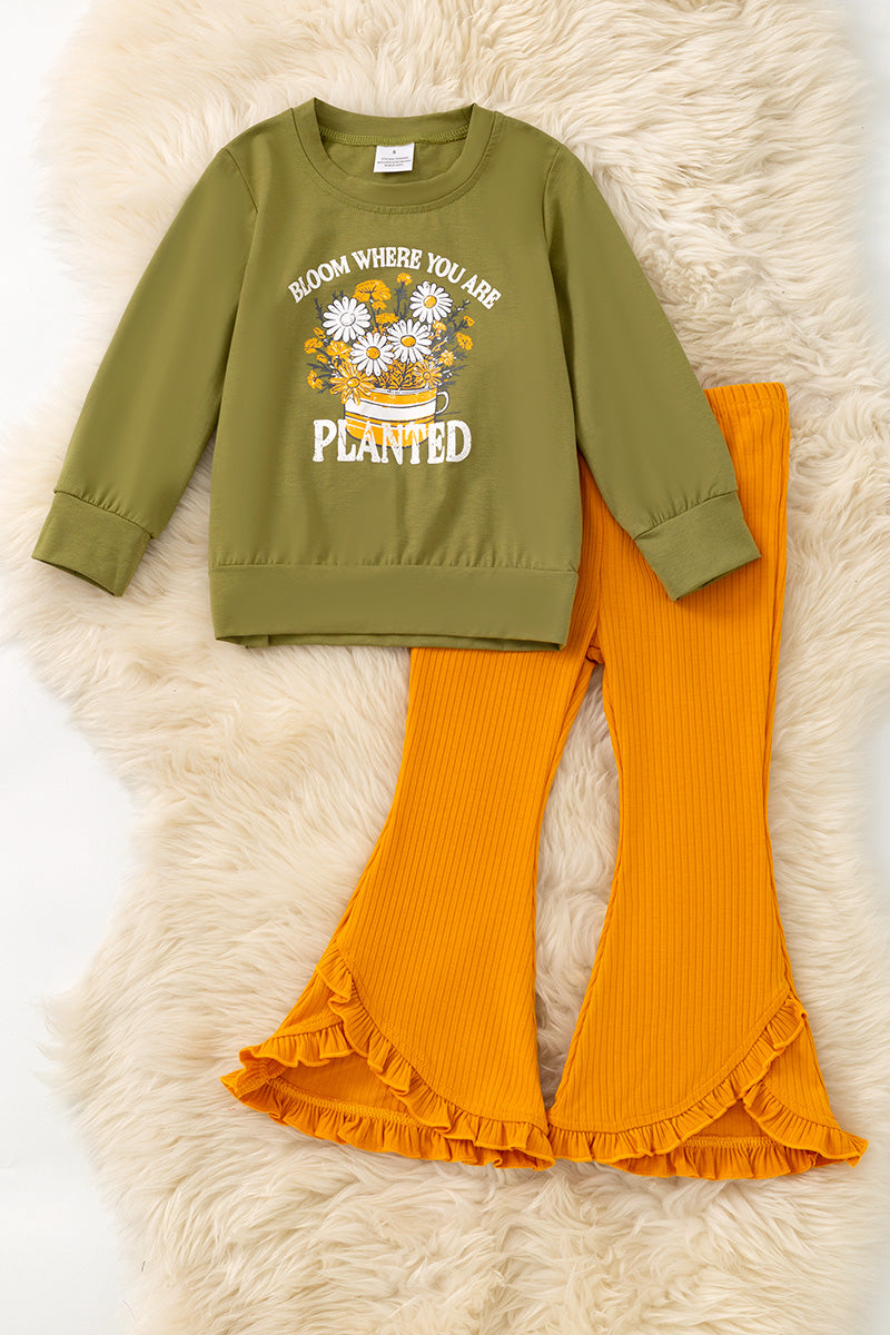"Bloom where you are planted" Green top and mustard pants.  OFG61419 JEAN