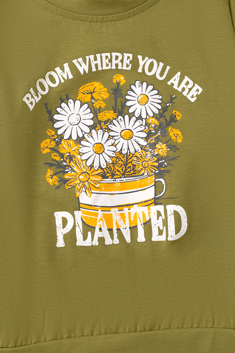 "Bloom where you are planted" Green top and mustard pants.  OFG61419 JEAN