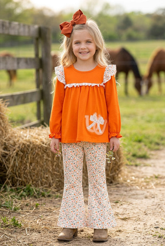 Orange Shoe horse applique tunic and floral pants. OFG61401