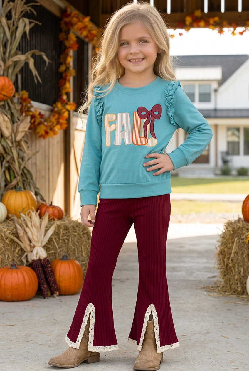 Fall applique on blue sweatshirt with burgundy pants w/open front. OFG61413
