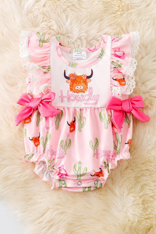 "Howdy" Highland cow printed girls romper w/side bows. RPG50981