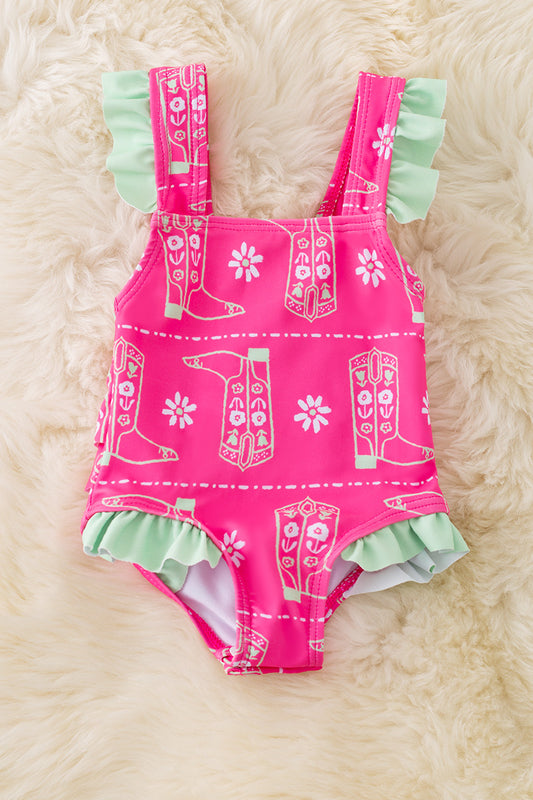 Baby Fuchsia boot/western printed swimsuit with mint ruffle trim. SWG50174