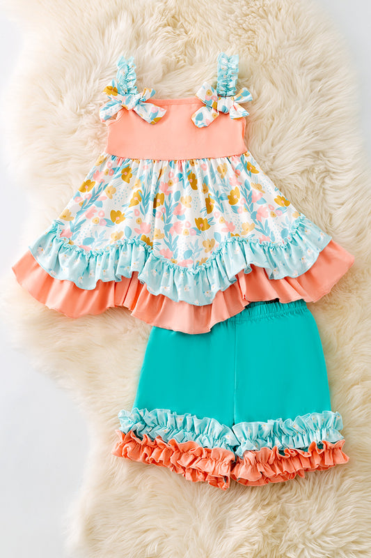 Peach & mint floral ruffle tunic & ruffle shorts. OFG50406