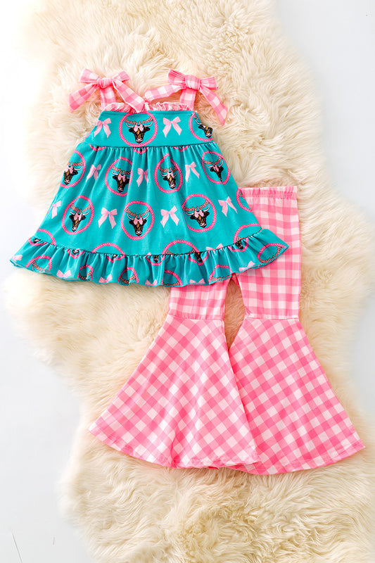 "Dearly Loved" Girls western tunic & gingham bell bottoms. OFG50616