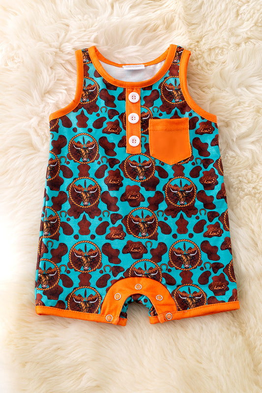 "Dearly Loved" Highland cow printed boys baby romper with snaps. RPB50273