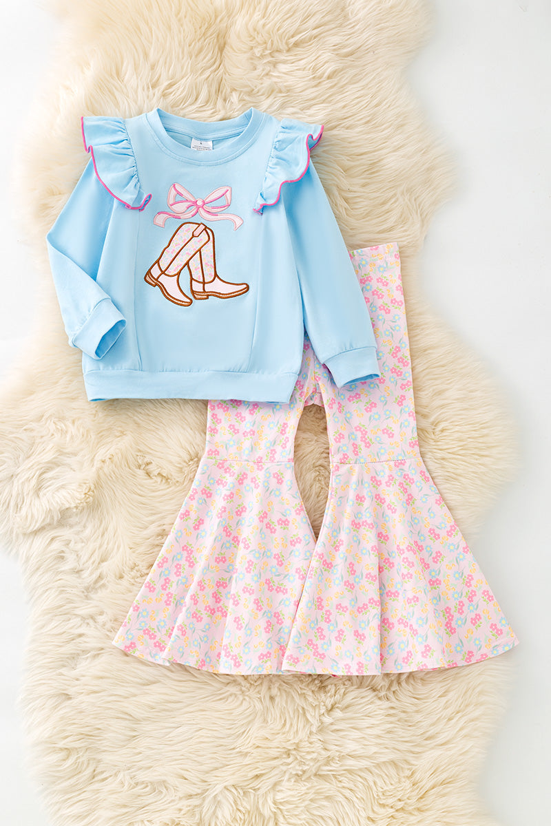 Lt. Blue Sweatshirt with boots applique and floral bell bottoms. OFG61398 MOn