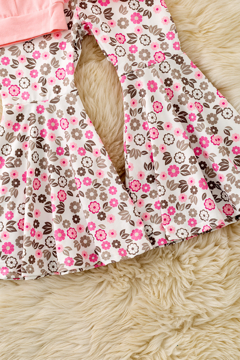 Cow applique on pink sweatshirt with floral bell bottoms. OFG61399 AMY