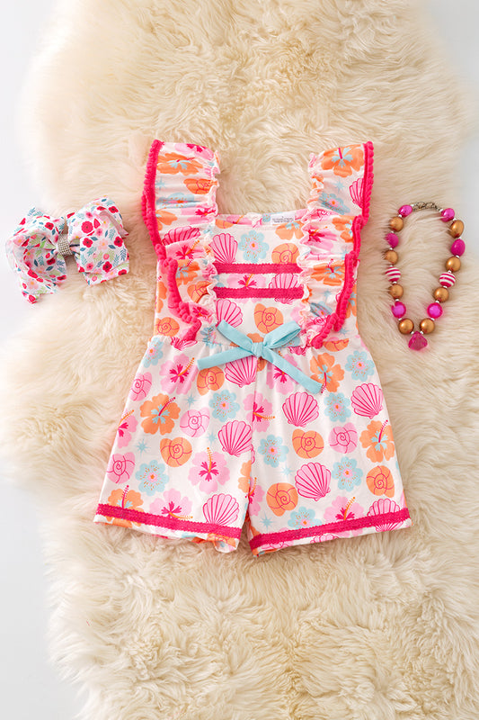 Multi-Color seashell printed girls romper with angel sleeved and fuchsia embroidered detail. PNG50173